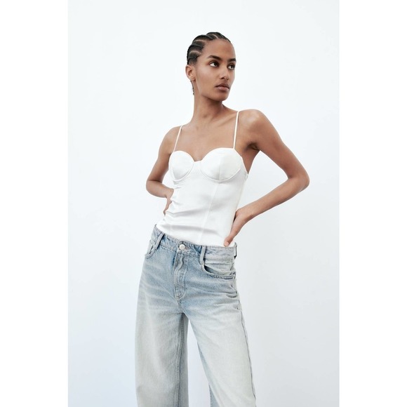 ZARA Satin Effect Bustier Bodysuit White Cream Silky Spaghetti Strap Size XS - Picture 3 of 14